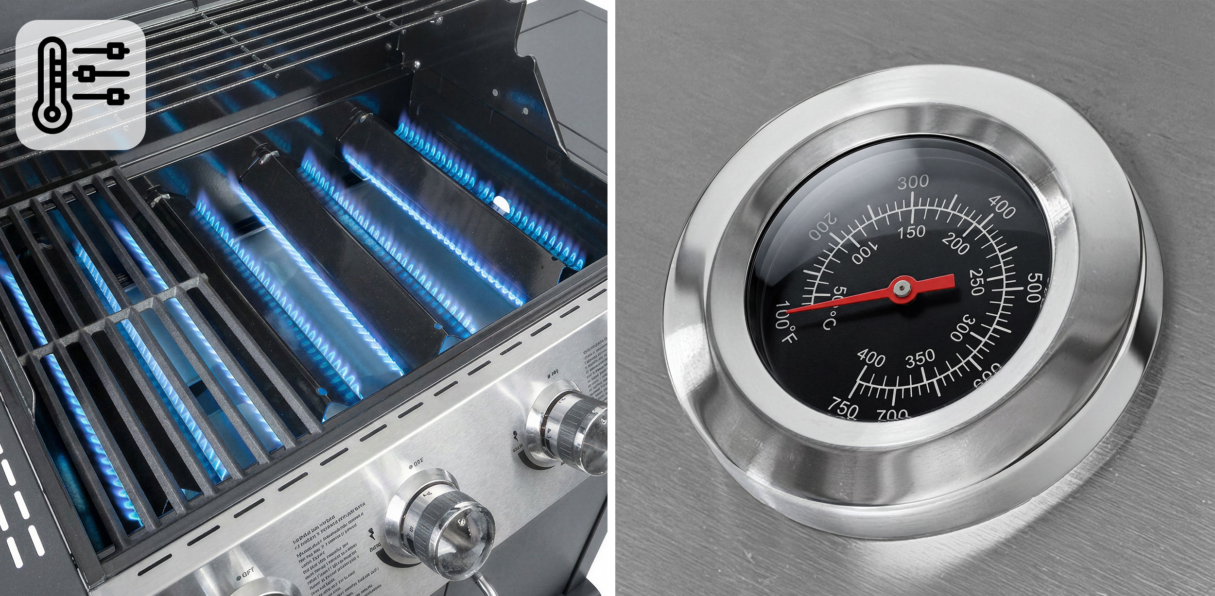 Grill gazowy z płonącymi palnikami i termometr wskazujący 100°F.