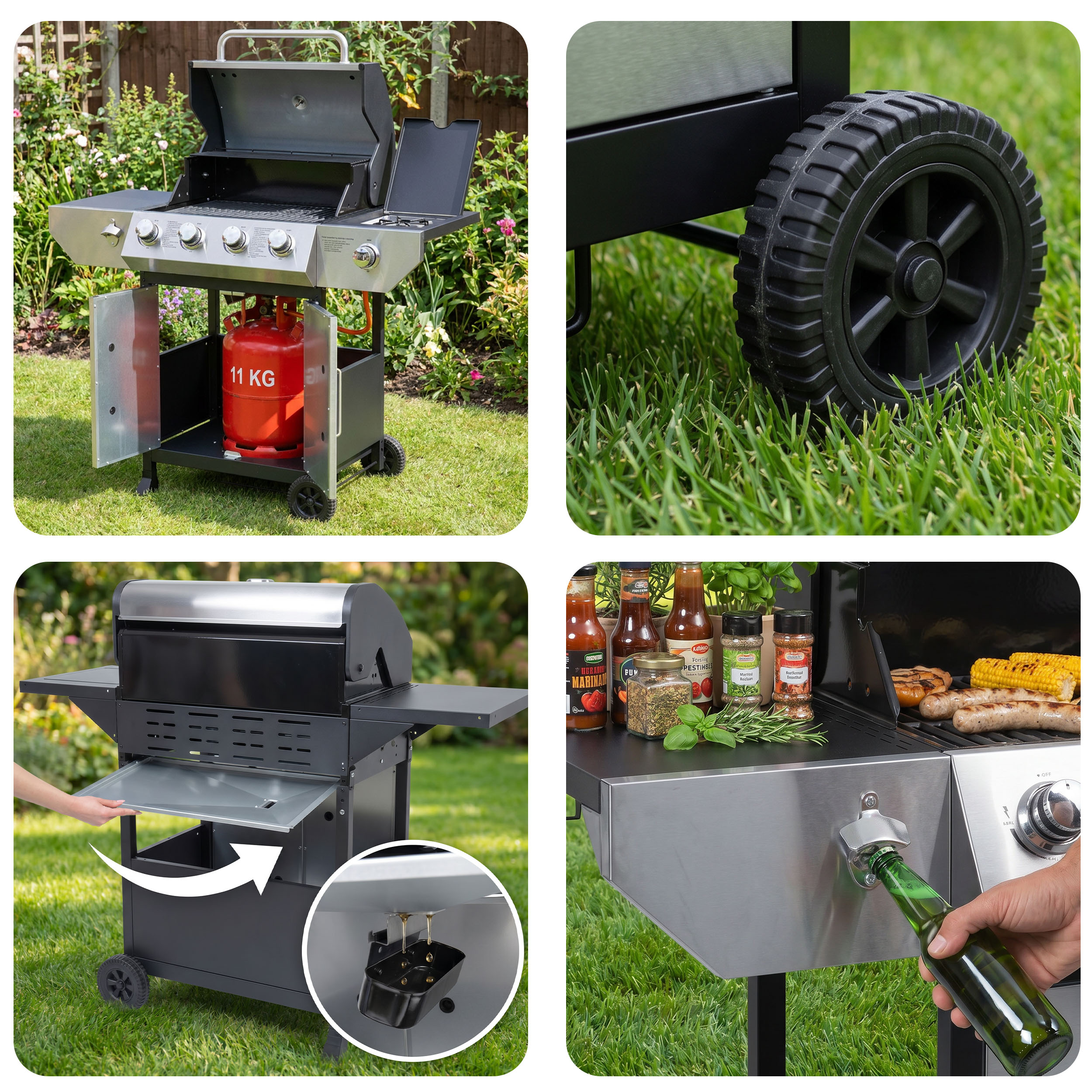 Grill z butlą gazową, kołami i akcesoriami do gotowania na trawie.