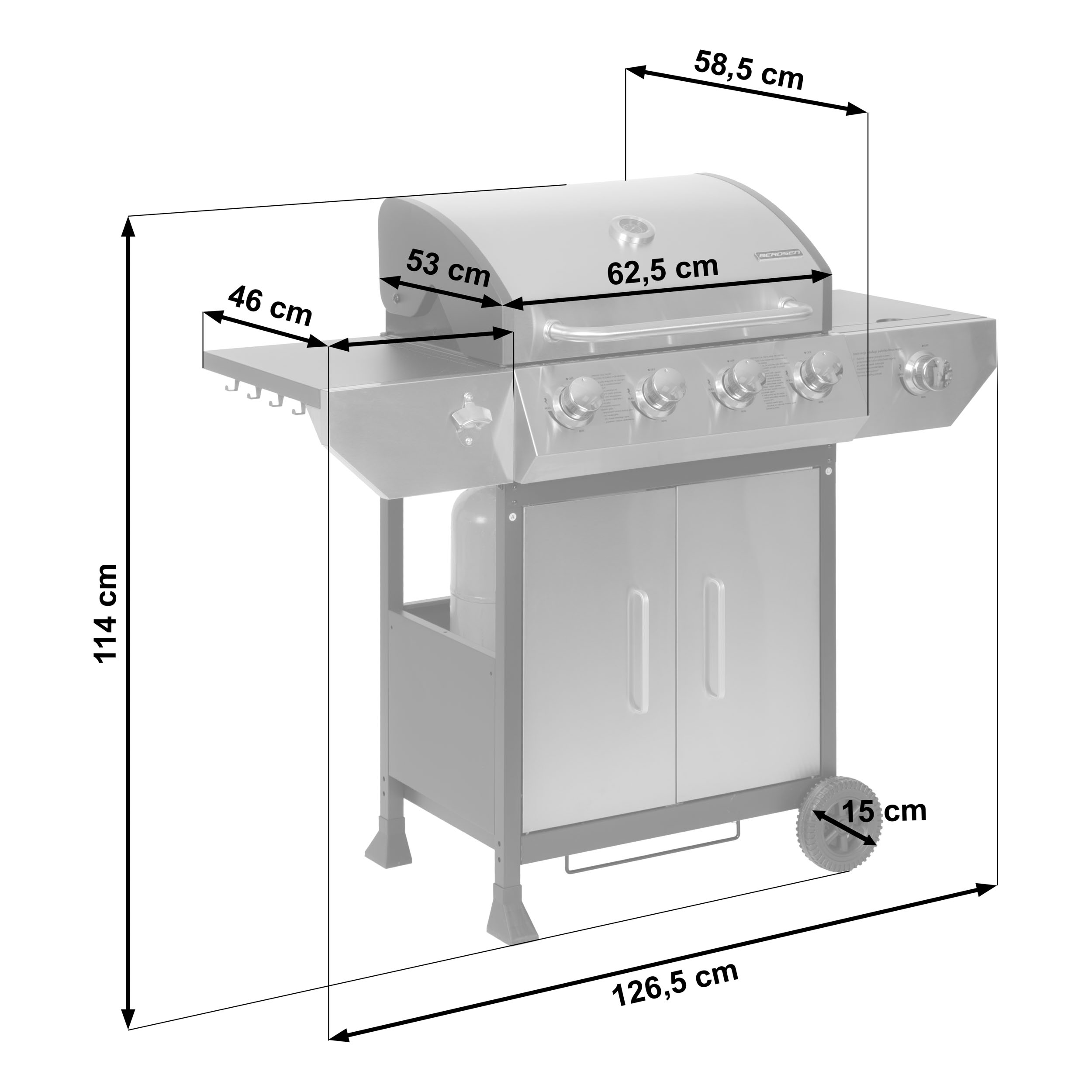 Pokazano srebrny grill z wymiarami.