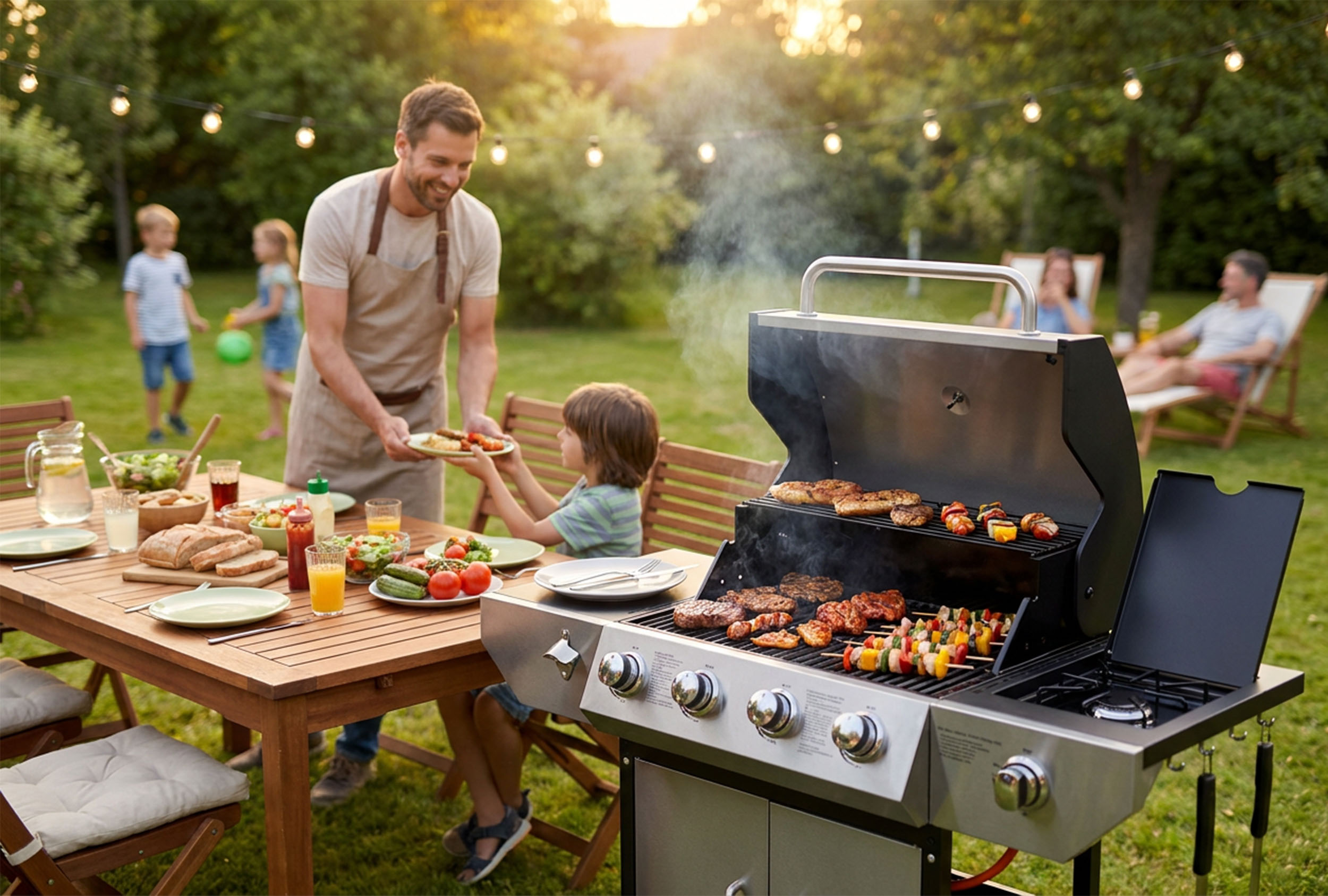 Mężczyzna podaje jedzenie chłopcu przy grillu. Stół jest nakryty.