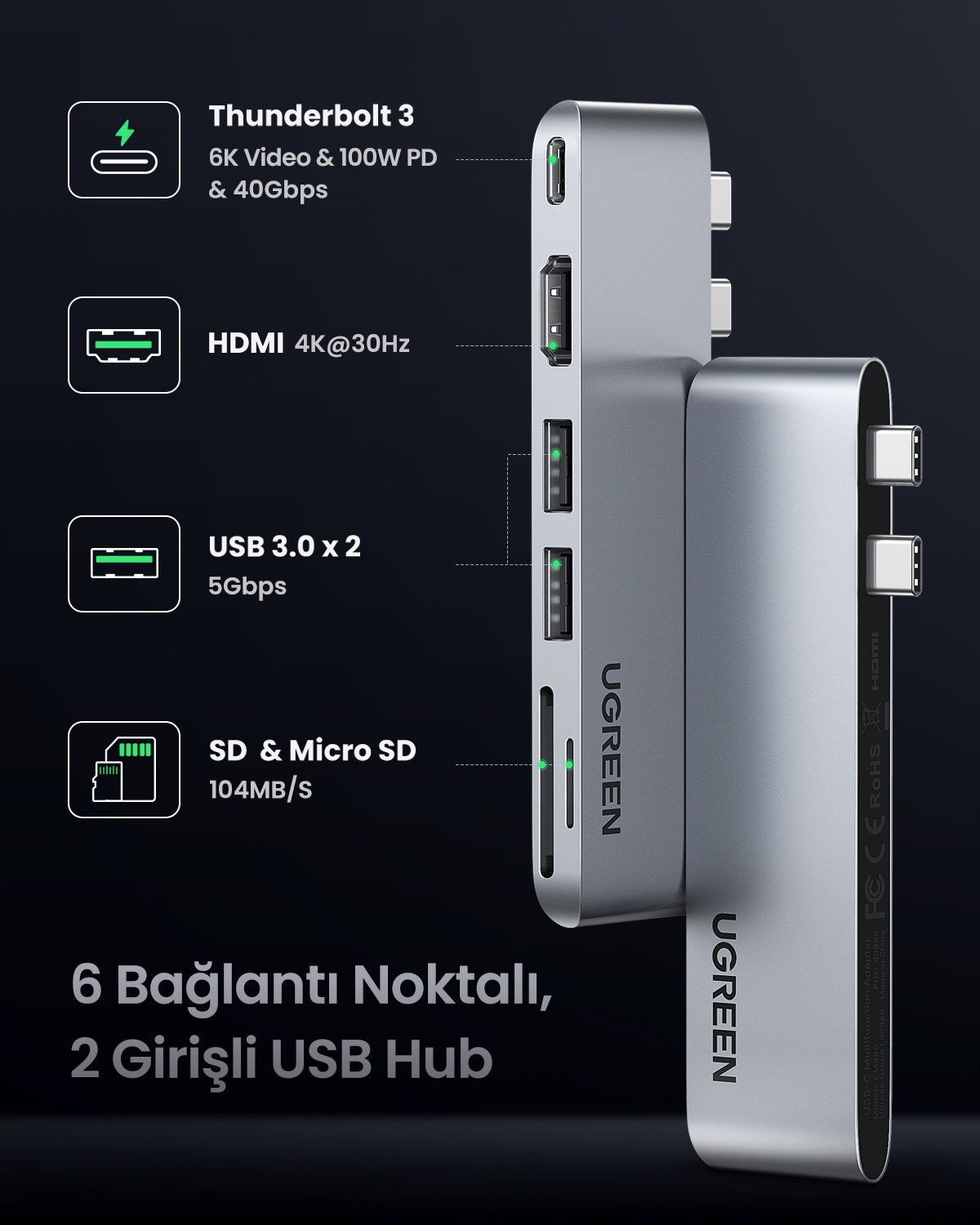 Thunderbolt 3, HDMI, USB 3.0, SD/Micro SD yuvalı gümüş USB-C hub.