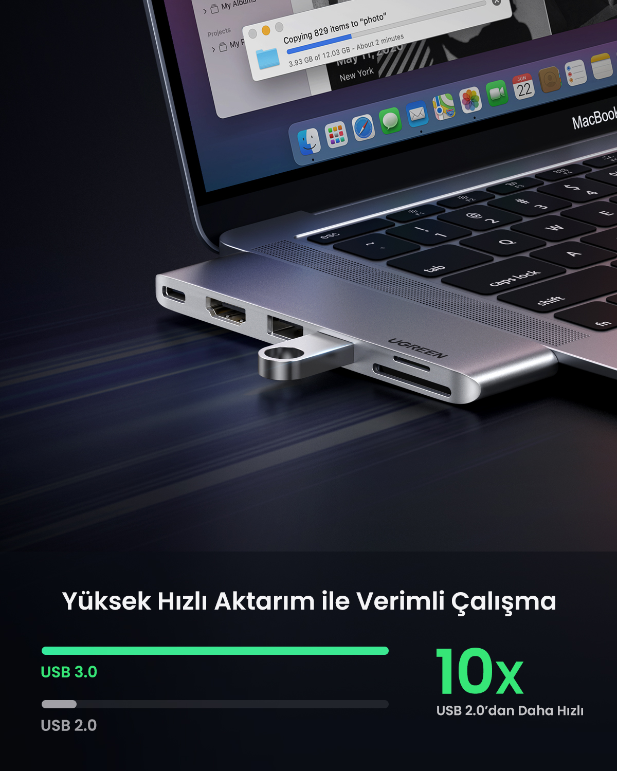 MacBook'a bağlı HDMI, SD kart ve USB 3.0 portlu bir USB-C hub.