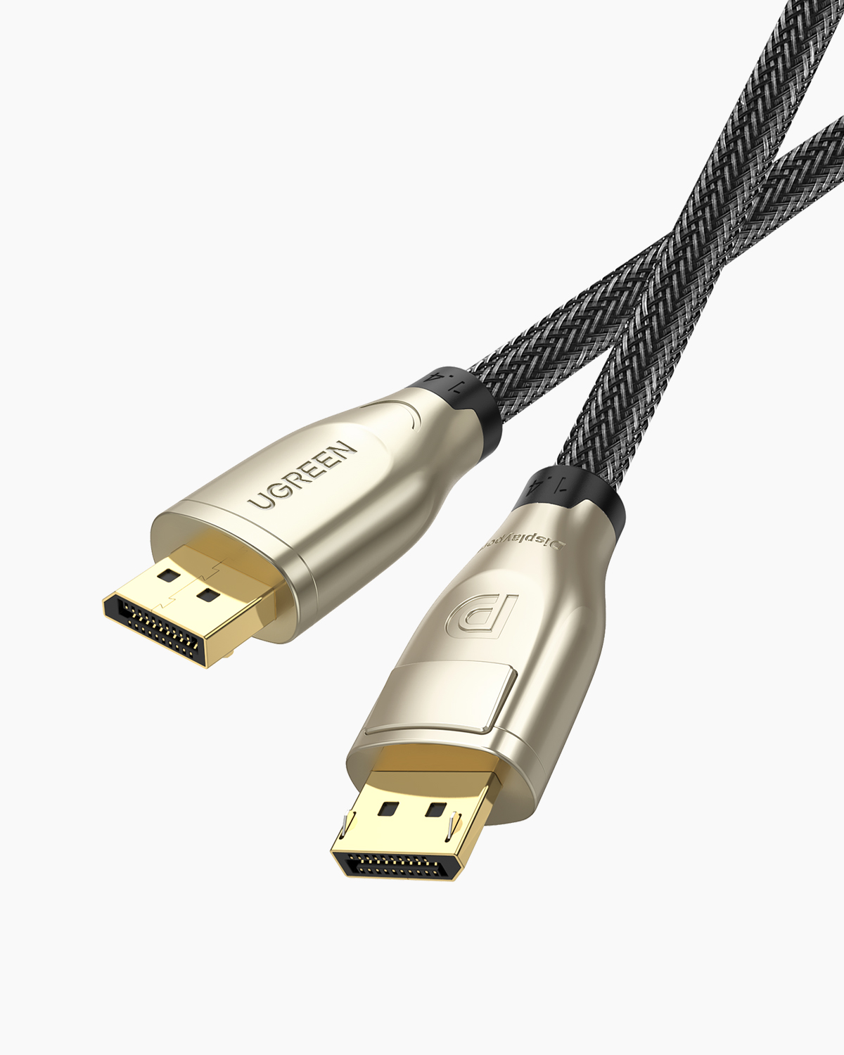 Ein goldener DisplayPort-Kabel mit schwarzem und grauem Geflecht.