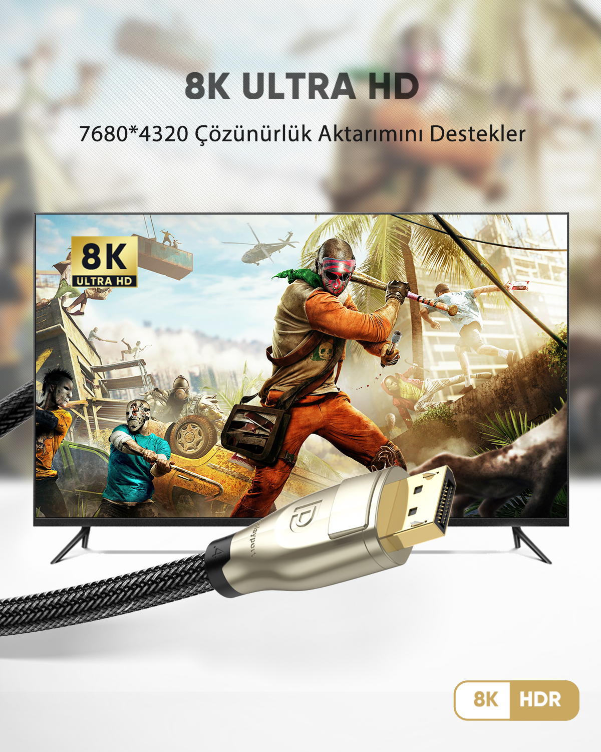 Ein Mann mit Maske schwingt einen Baseballschläger vor einem 8K-Fernseher mit Spielszene.