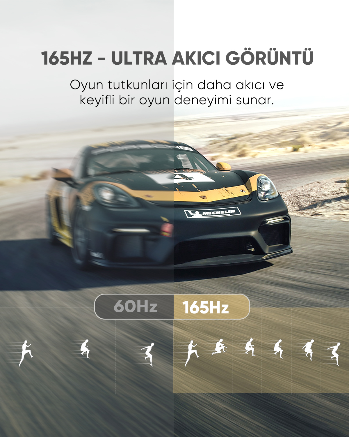 Ein Rennwagen auf einer Strecke, verglichen mit 60Hz und 165Hz.