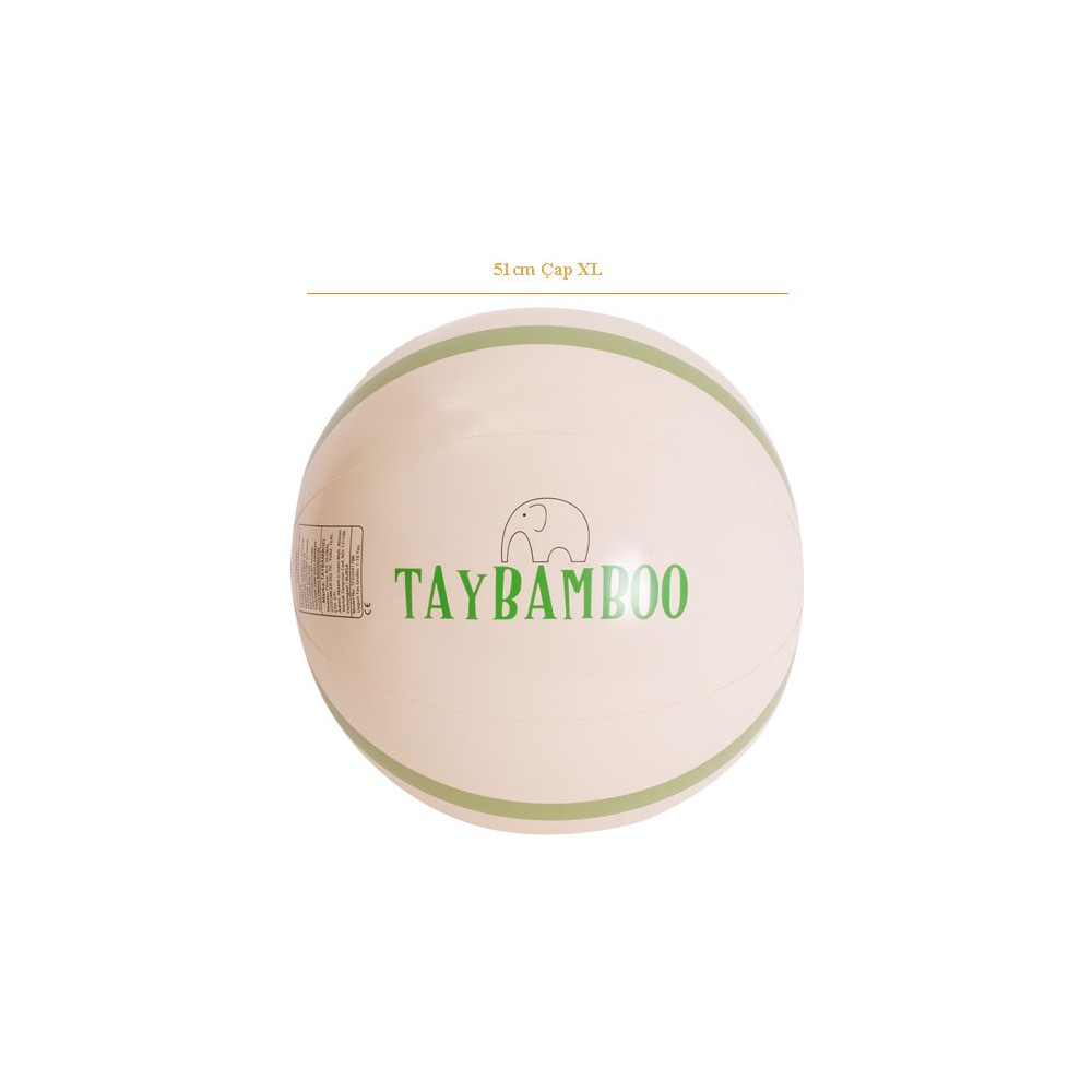 Yeşil çizgili, krem rengi egzersiz topu, "TAYBAMBOO" logosu bulunur.