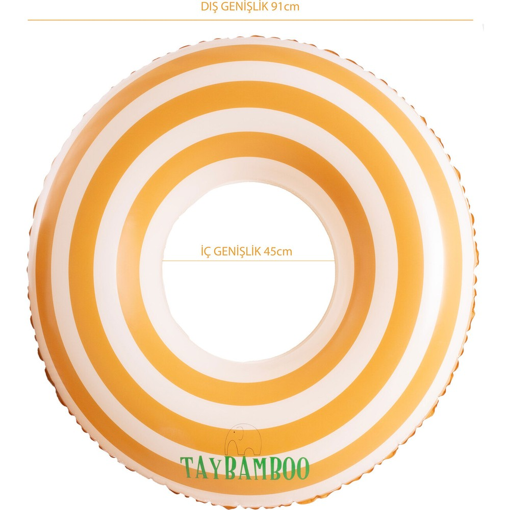 Turuncu ve beyaz çizgili, TAYBAMBOO logolu şişme yüzme simidi.