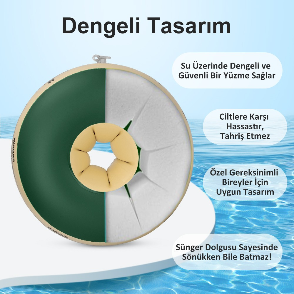 Yeşil ve bej bebek yüzme simidi, köpük dolgulu, suda denge sağlar.