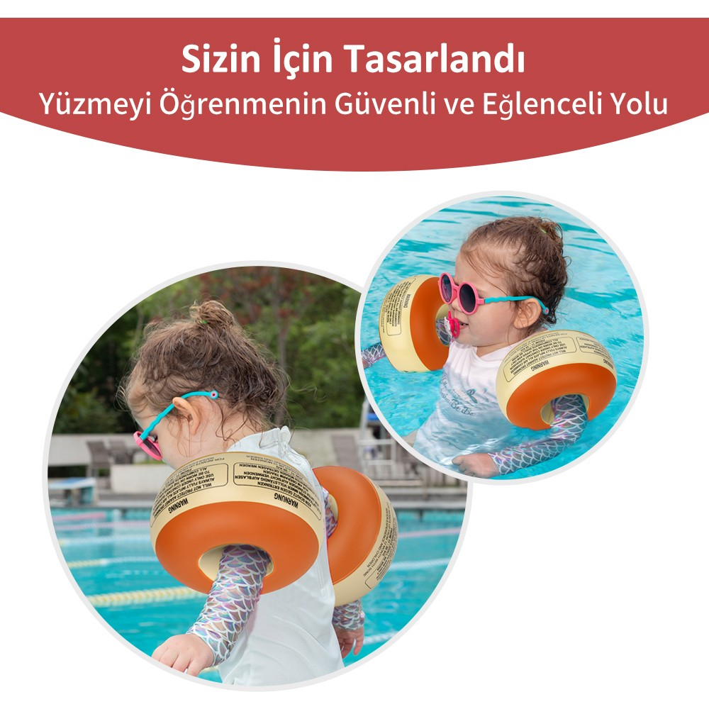 Yüzme kollukları ve güneş gözlüğü takmış küçük çocuk havuzda.