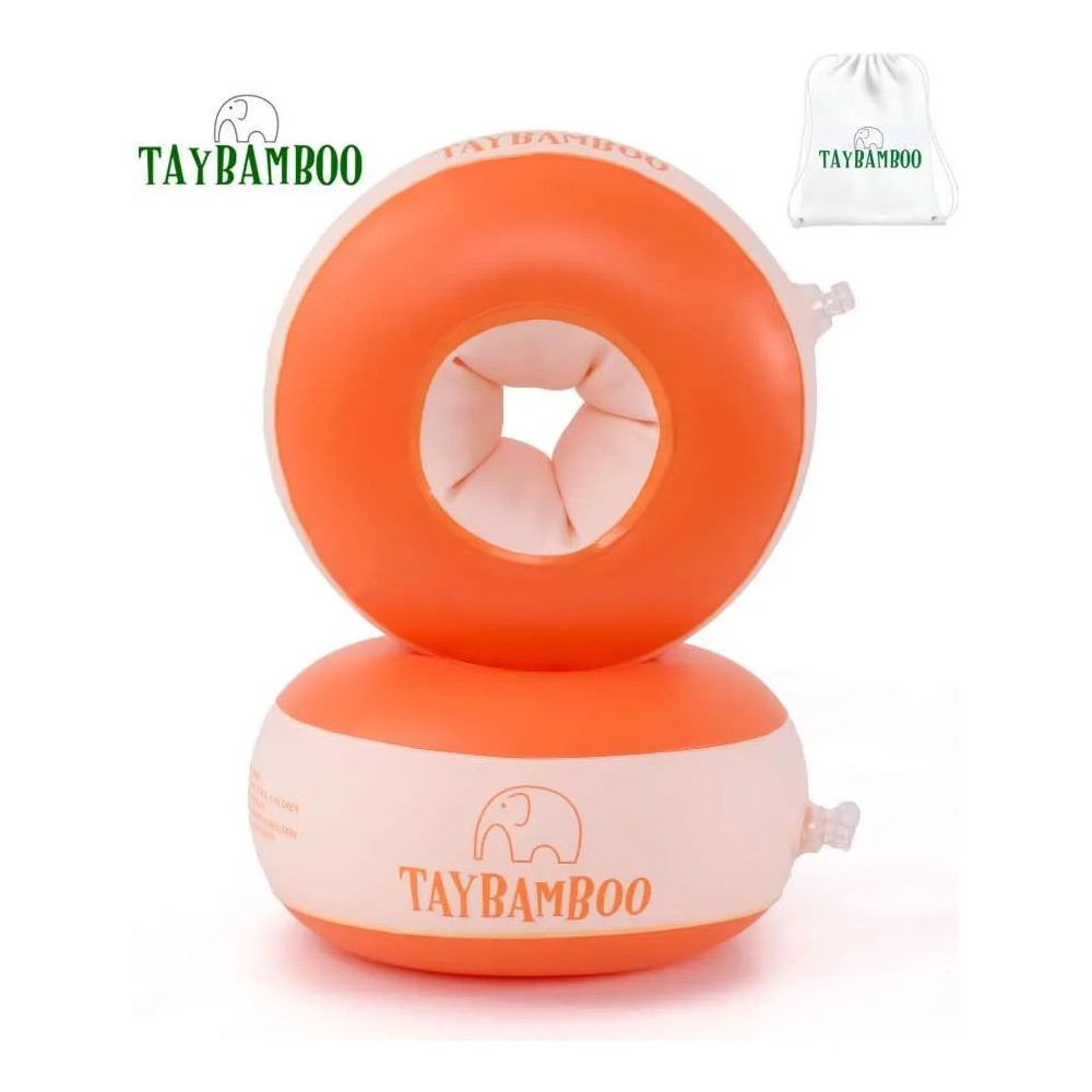 TAYBAMBOO logosu ve fil figürü olan turuncu-beyaz iki yüzme simidi.