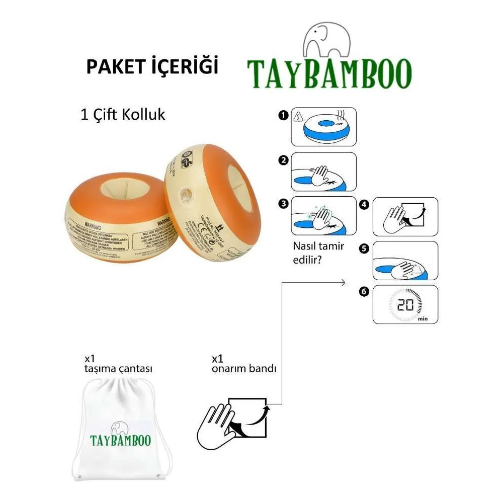 Paket içeriği: İki turuncu-beyaz kolluk, bir çanta ve bir tamir bandı.
