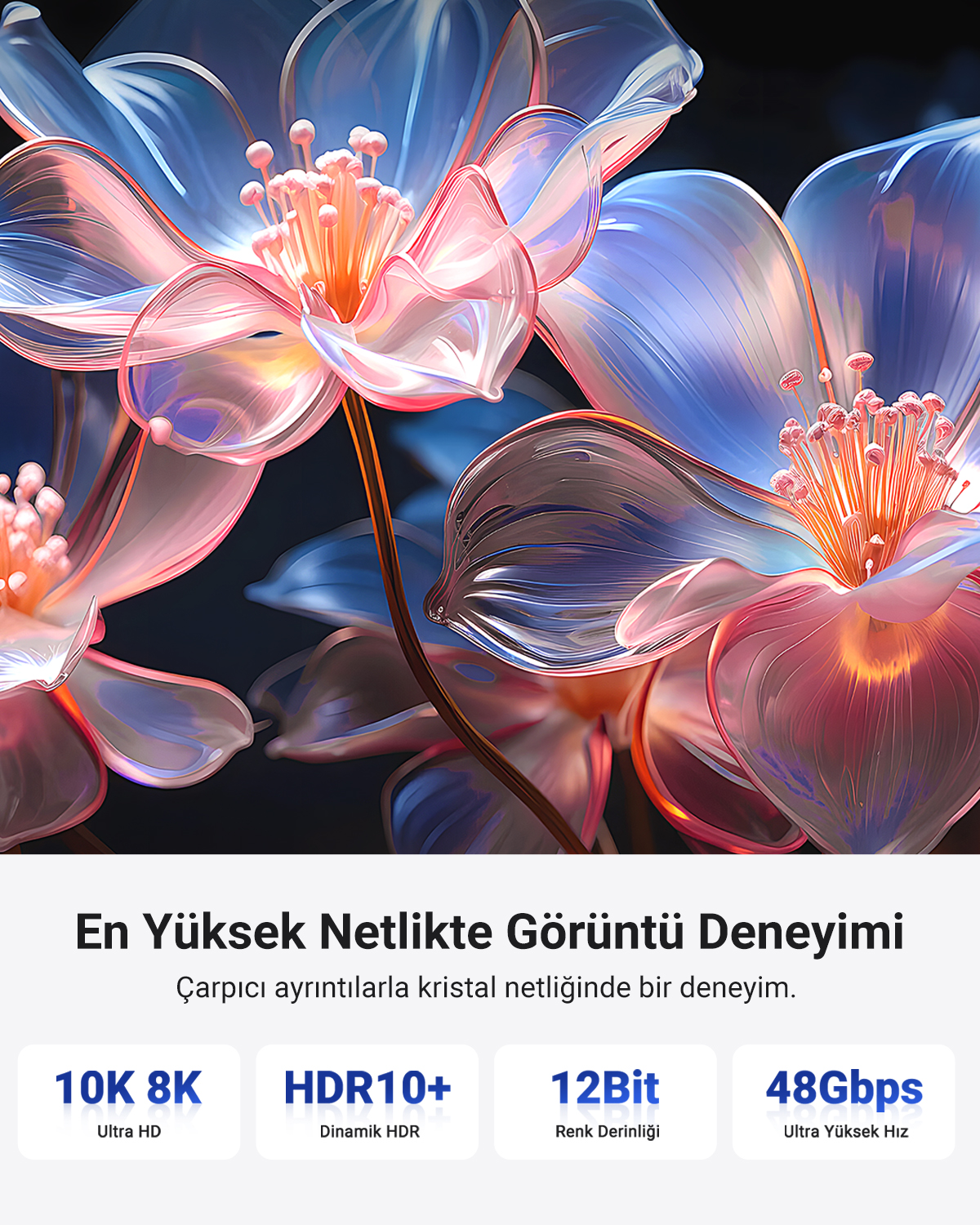 Mavi ve pembe soyut çiçekler, görüntü kalitesi hakkında metin.
