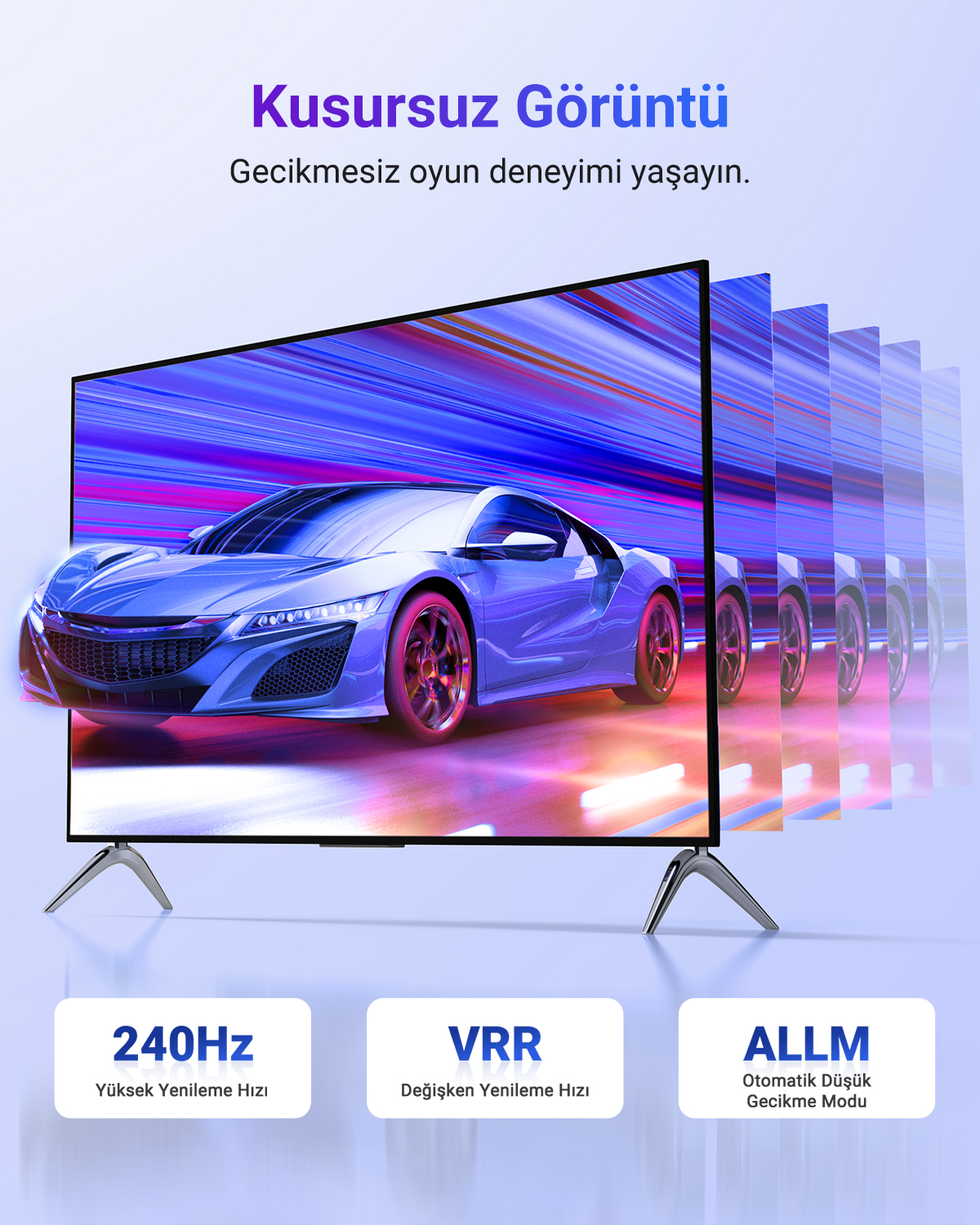 Mavi spor araba, 240Hz, VRR ve ALLM özellikli TV ekranında gösteriliyor.