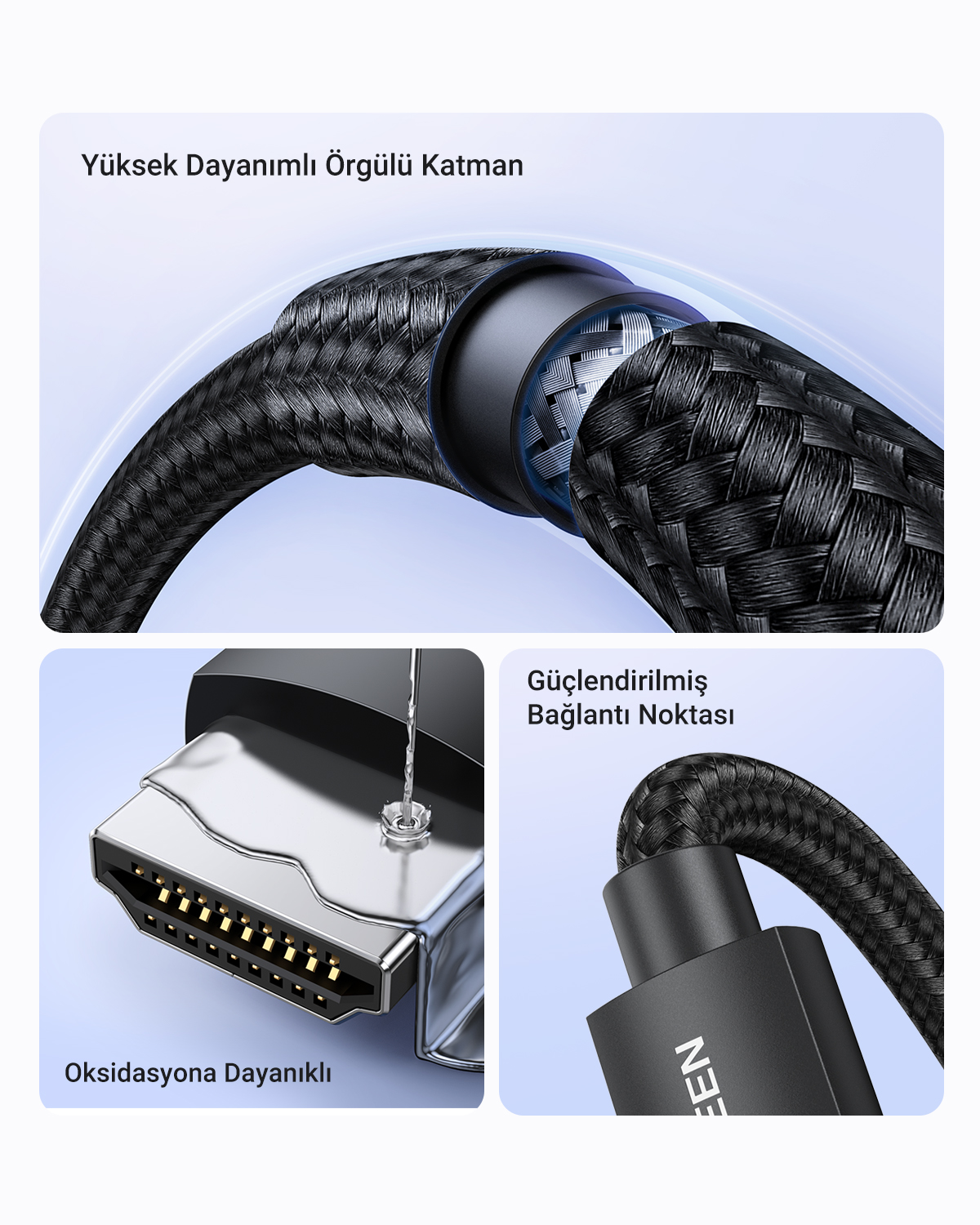Güçlü kılıflı, suya dayanıklı HDMI konnektörlü, güçlendirilmiş bağlantılı örgülü kablo.