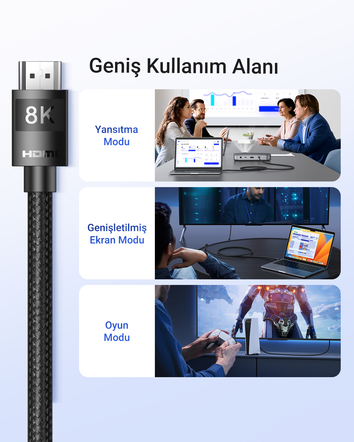 8K HDMI kablo üç kullanım moduyla: yansıtma, genişletilmiş masaüstü ve oyun.