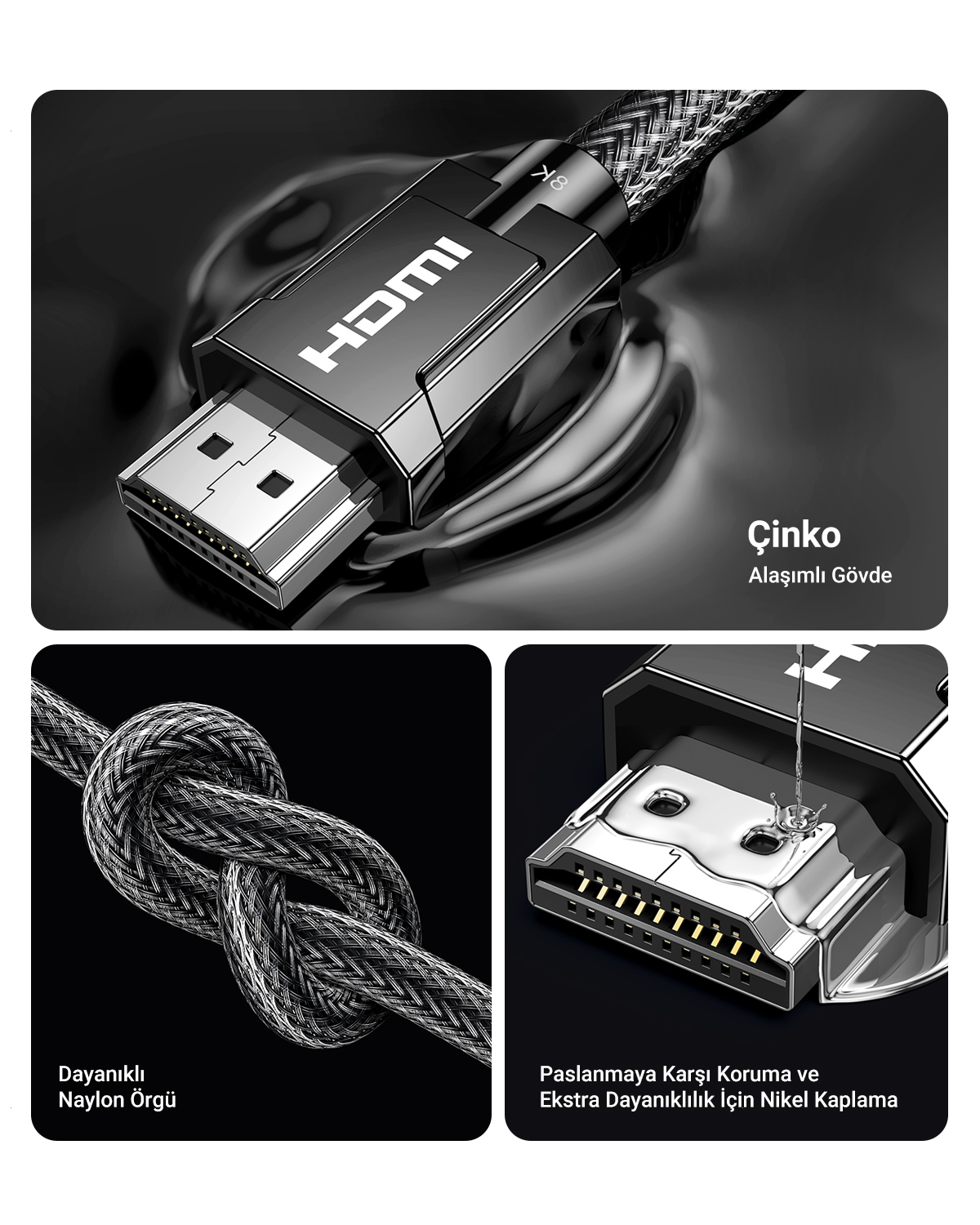 HDMI 8K kablo konektörü, çinko alaşım, dayanıklı naylon örgülü.