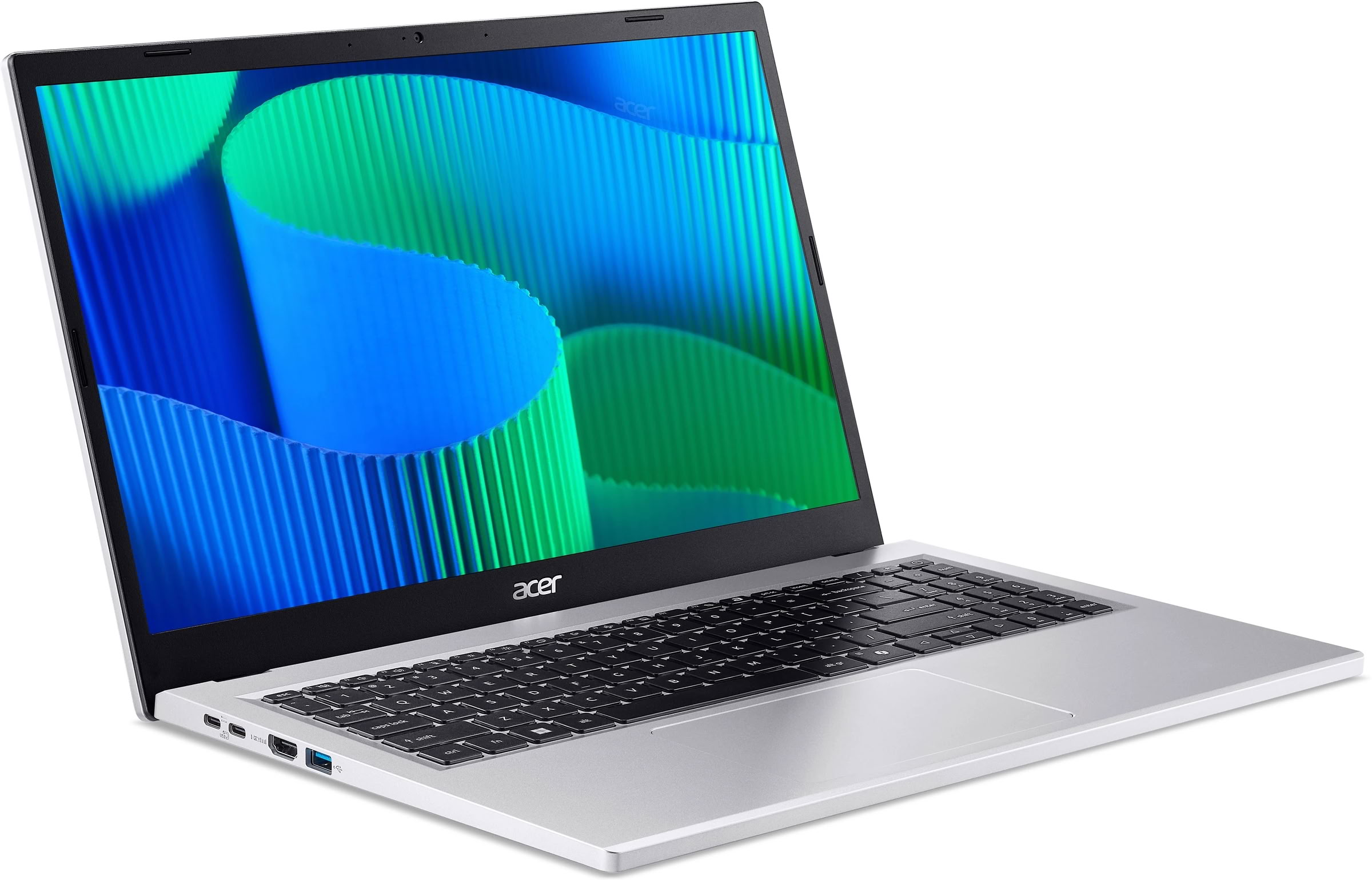 Un portátil Acer plateado abierto muestra un fondo ondulado azul y verde.