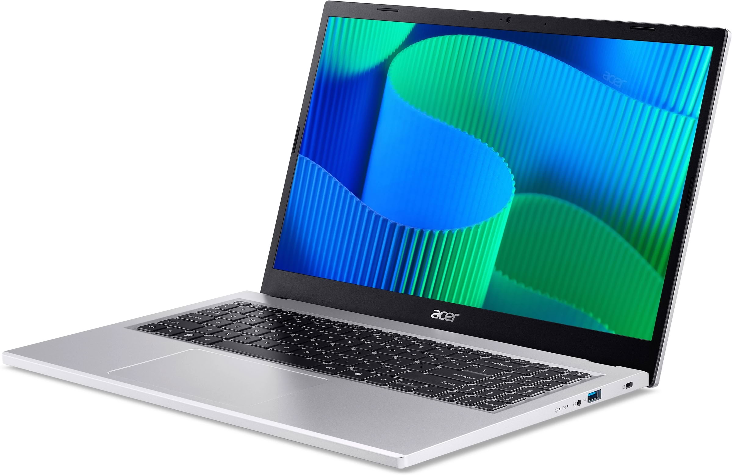 Un portátil plateado Acer con un patrón ondulado azul y verde en la pantalla.