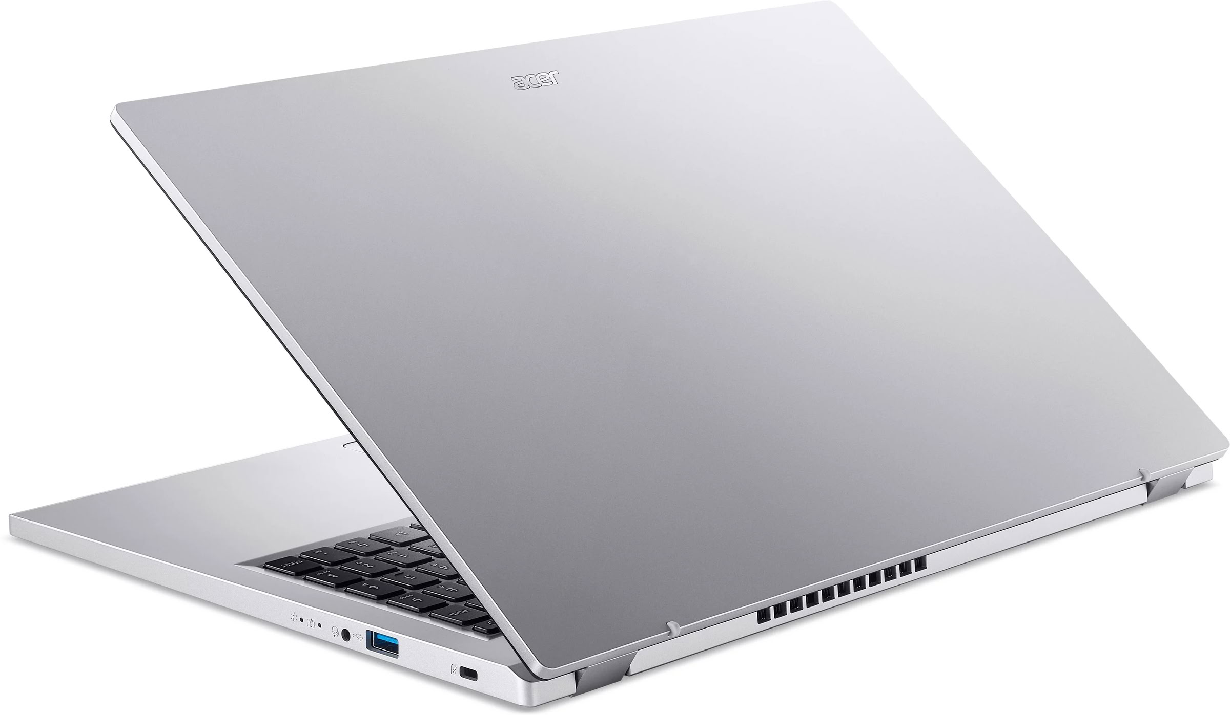Un portátil Acer plateado con la tapa abierta y teclado negro, sobre fondo blanco.