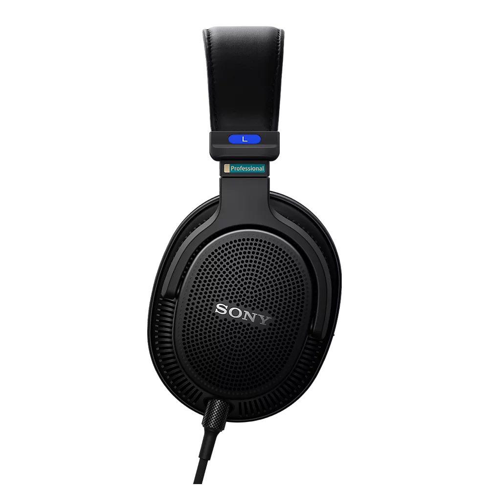Schwarze Sony Professional Kopfhörer mit blauem L-Marker und strukturierten Ohrmuscheln.