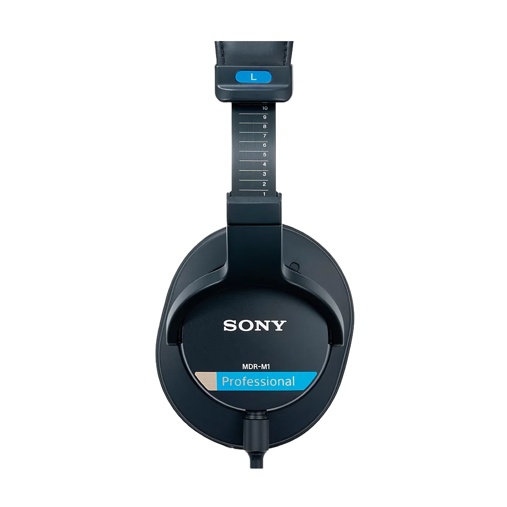 Auriculares negros Sony MDR-M1 con marca L y etiqueta profesional.