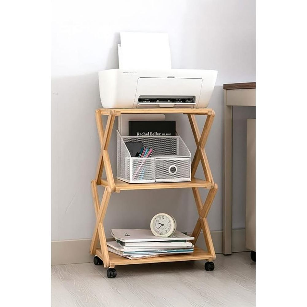 DIGITHOME DB-0023 Bambu 3 Raflı Tekerlekli Sehpa Düzenleyici Raf Çok Amaçlı Organizer Kahverengi