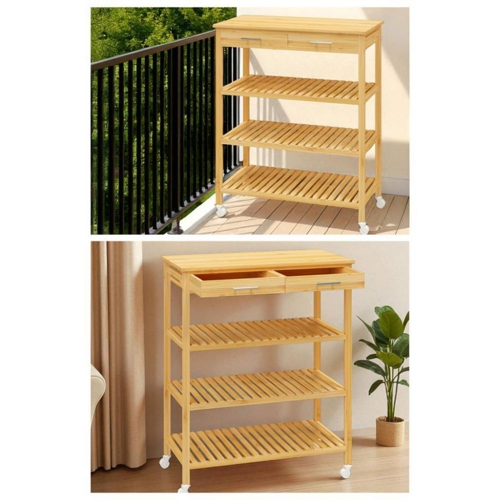 Dört raflı, iki çekmeceli ahşap servis arabası balkon ve iç mekanda duruyor.