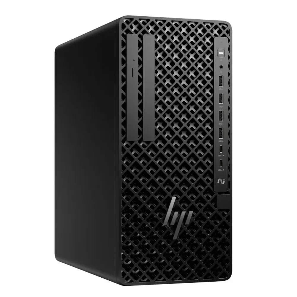 Ön ızgaralı ve bağlantı noktalarına sahip siyah HP masaüstü kulesi.