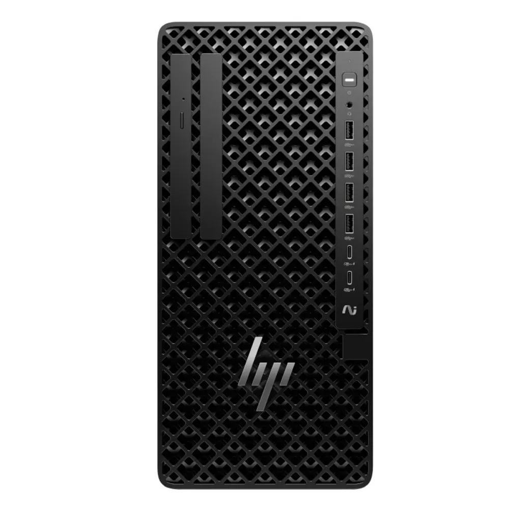 Izgara desenli ve USB bağlantı noktalı siyah HP masaüstü bilgisayar.