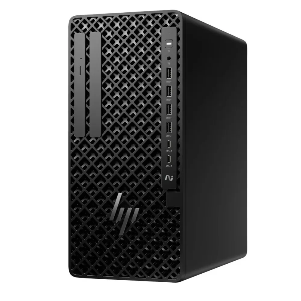 USB bağlantı noktalarına ve havalandırmalı ön panele sahip siyah HP tower PC.