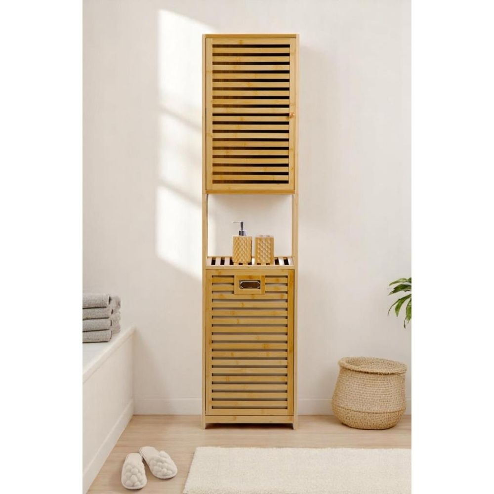 Panjurlu kapılı, sabunluklu ve çamaşır sepetli bambu banyo dolabı.