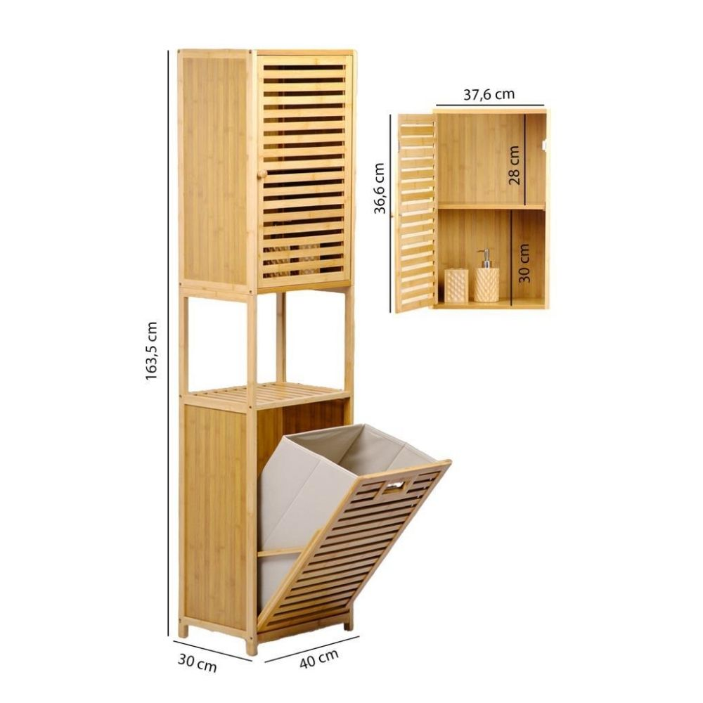Ahşap banyo dolabı, panjurlu kapaklı ve açık raflı.