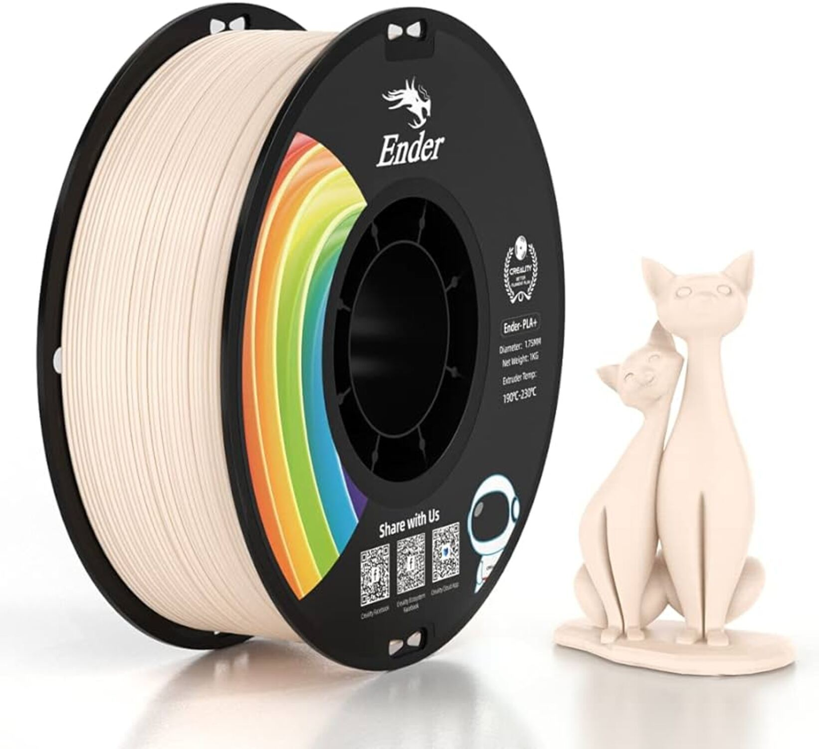 Aynı malzemeden yapılmış iki kedi figürünün yanında 3D yazıcı filament makarası.