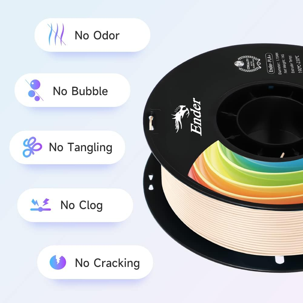 Ender PLA+ filament makarası, bej, koku, baloncuk, dolaşma, tıkanma, çatlama yok ikonları.