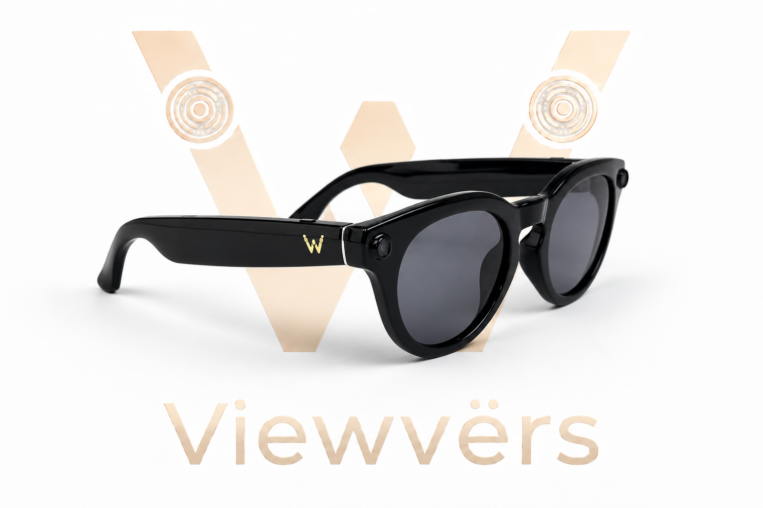 Gafas de sol negras con logo plateado 'W' y cámara sobre fondo blanco.