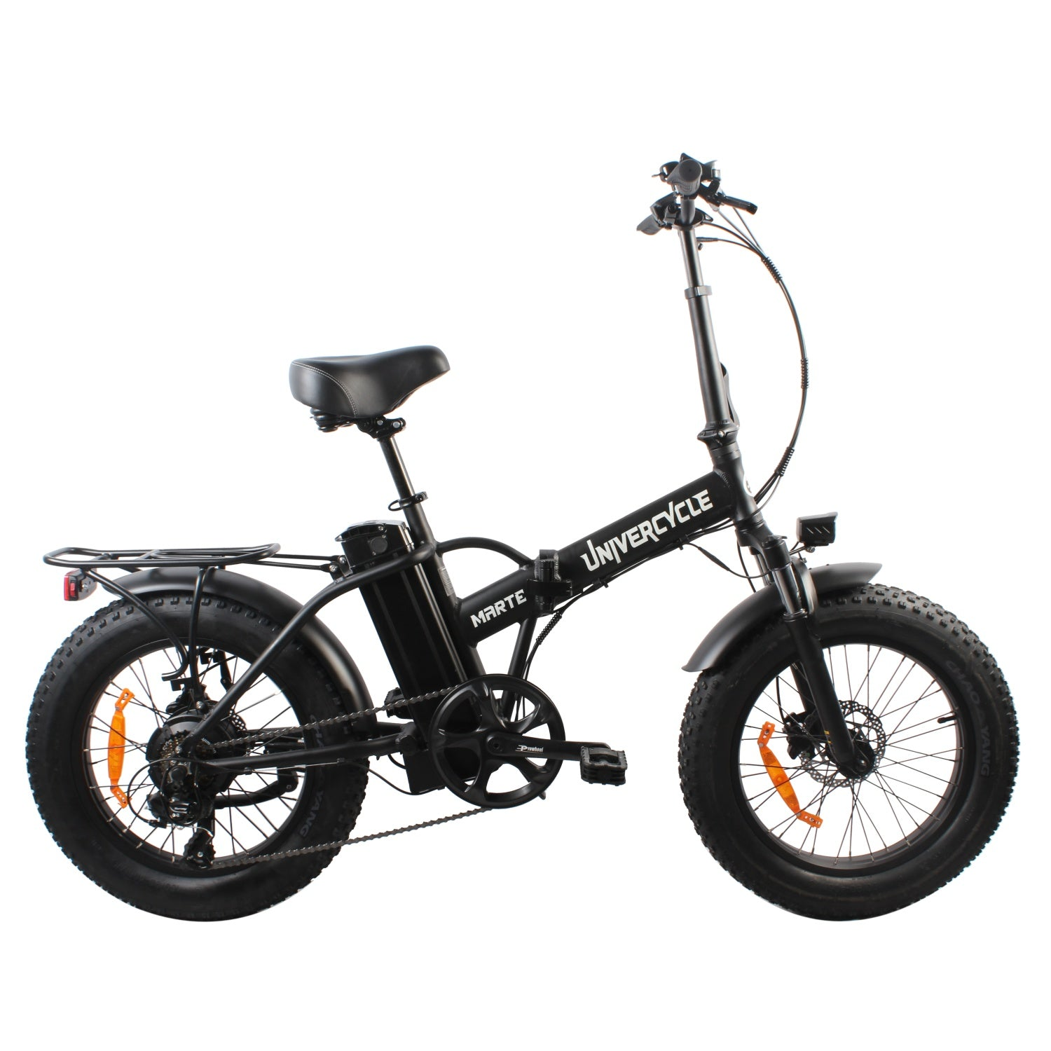 Una bicicleta eléctrica plegable de llantas anchas negra con texto "UNIVERCYCLE".