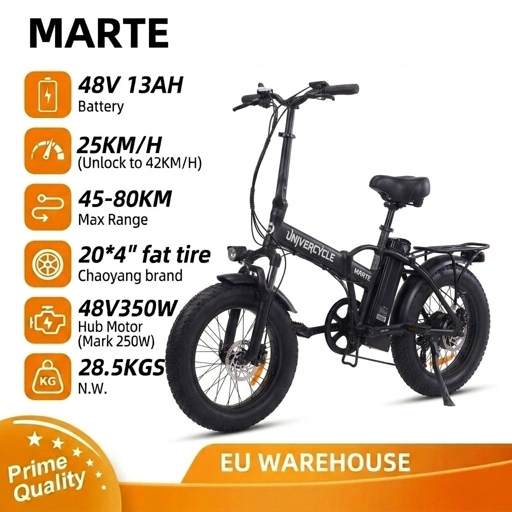 Bicicleta eléctrica negra con neumáticos anchos, motor 48V 350W, autonomía 45-80km.
