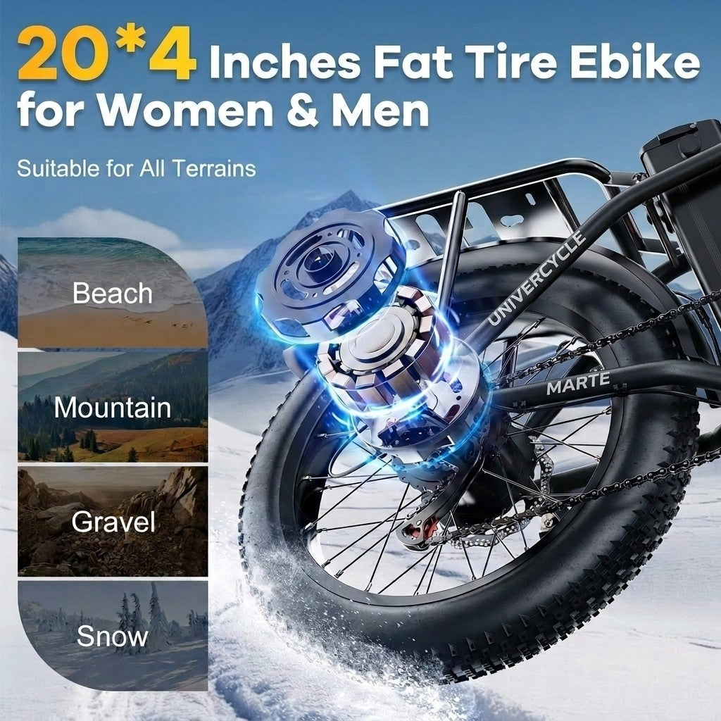 E-bike de llantas anchas para todo terreno: playa, montaña, grava, nieve. Primer plano del motor.