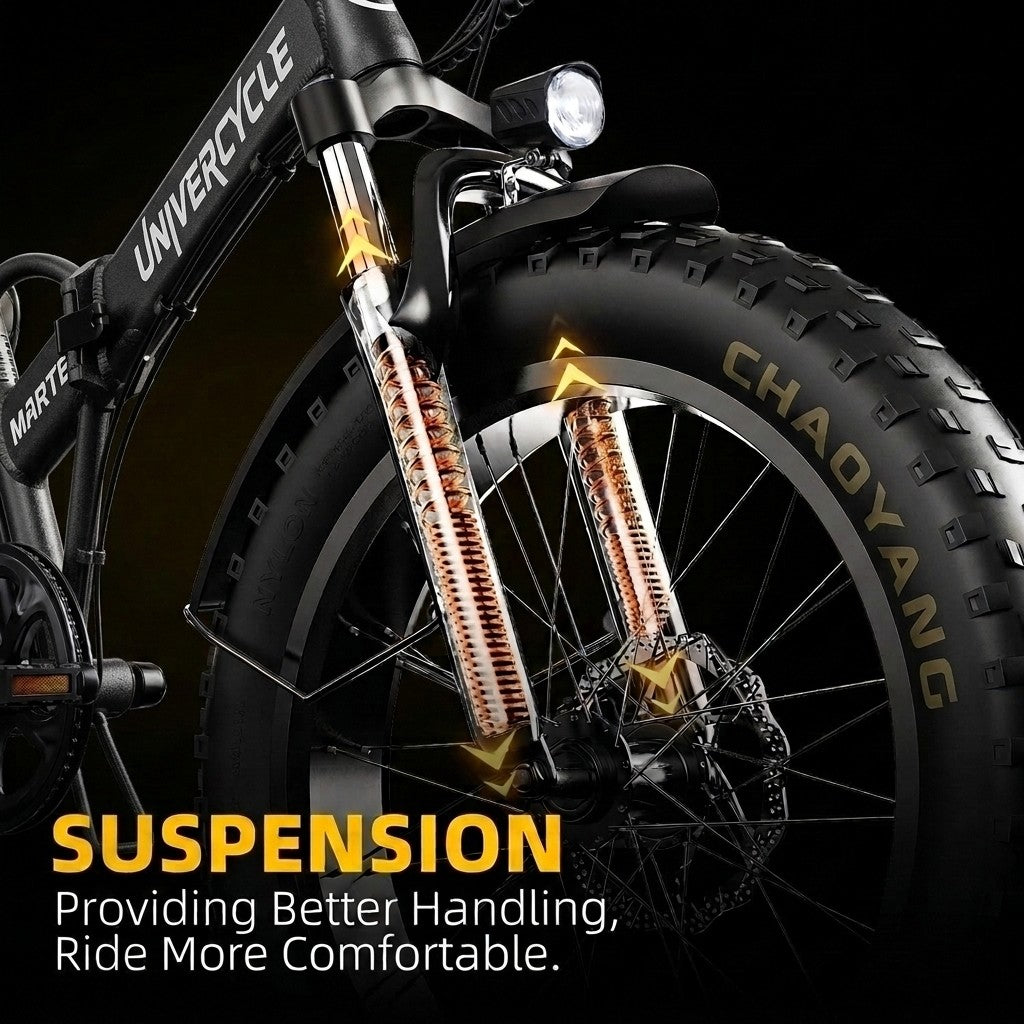Primer plano de la suspensión delantera de e-bike negra con acentos amarillos y texto.