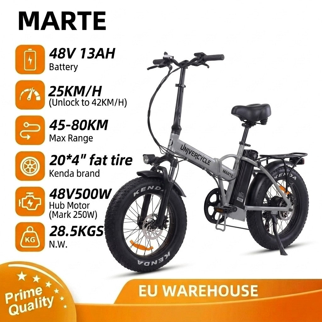 Bicicleta eléctrica plegable gris con neumáticos anchos, batería de 48V, 25 km/h.