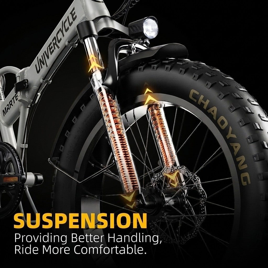 Primer plano de una e-bike con neumáticos anchos y suspensión visible. Texto resalta confort.