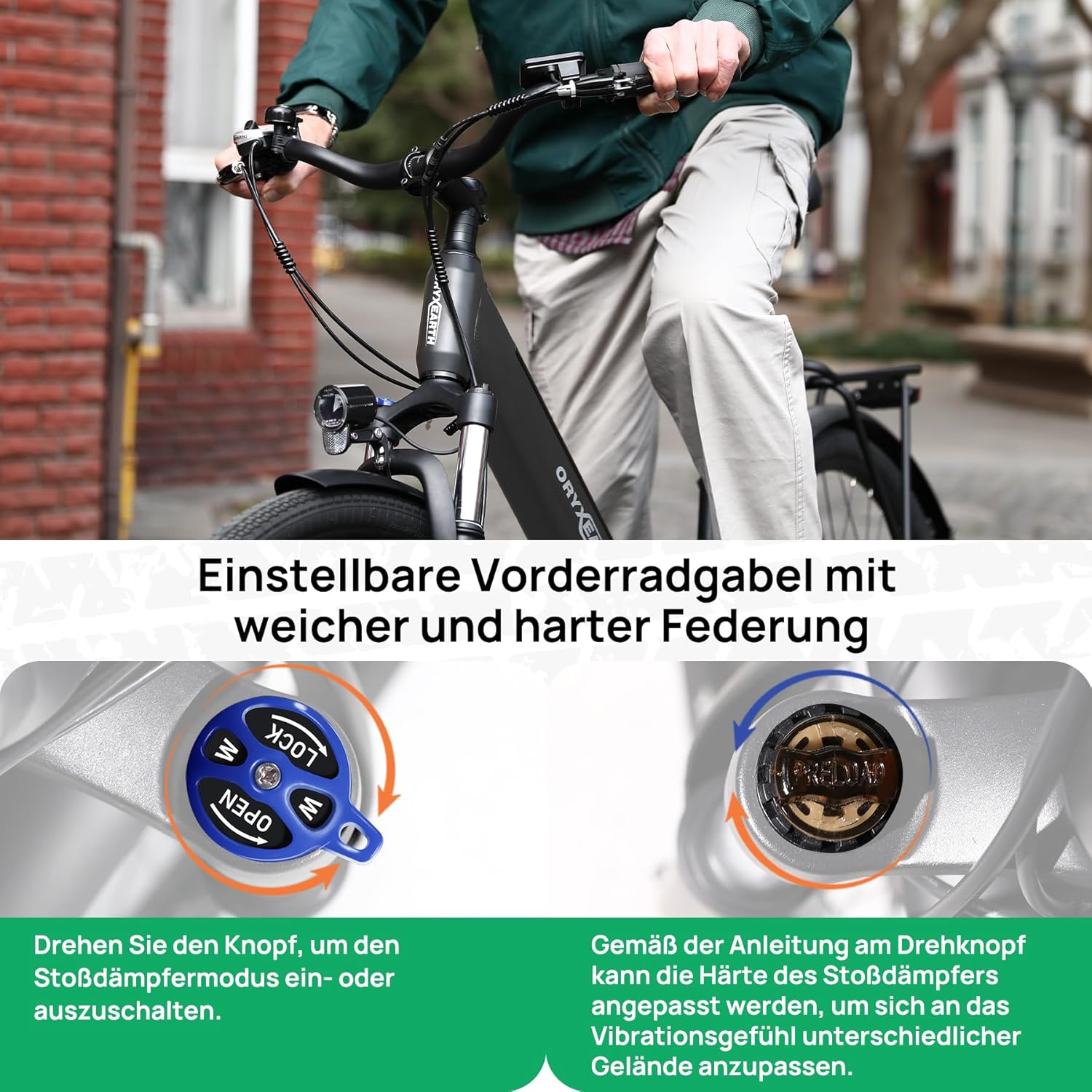 Fahrrad mit einstellbarer Federung. Drehknöpfe zum Anpassen der Härte.