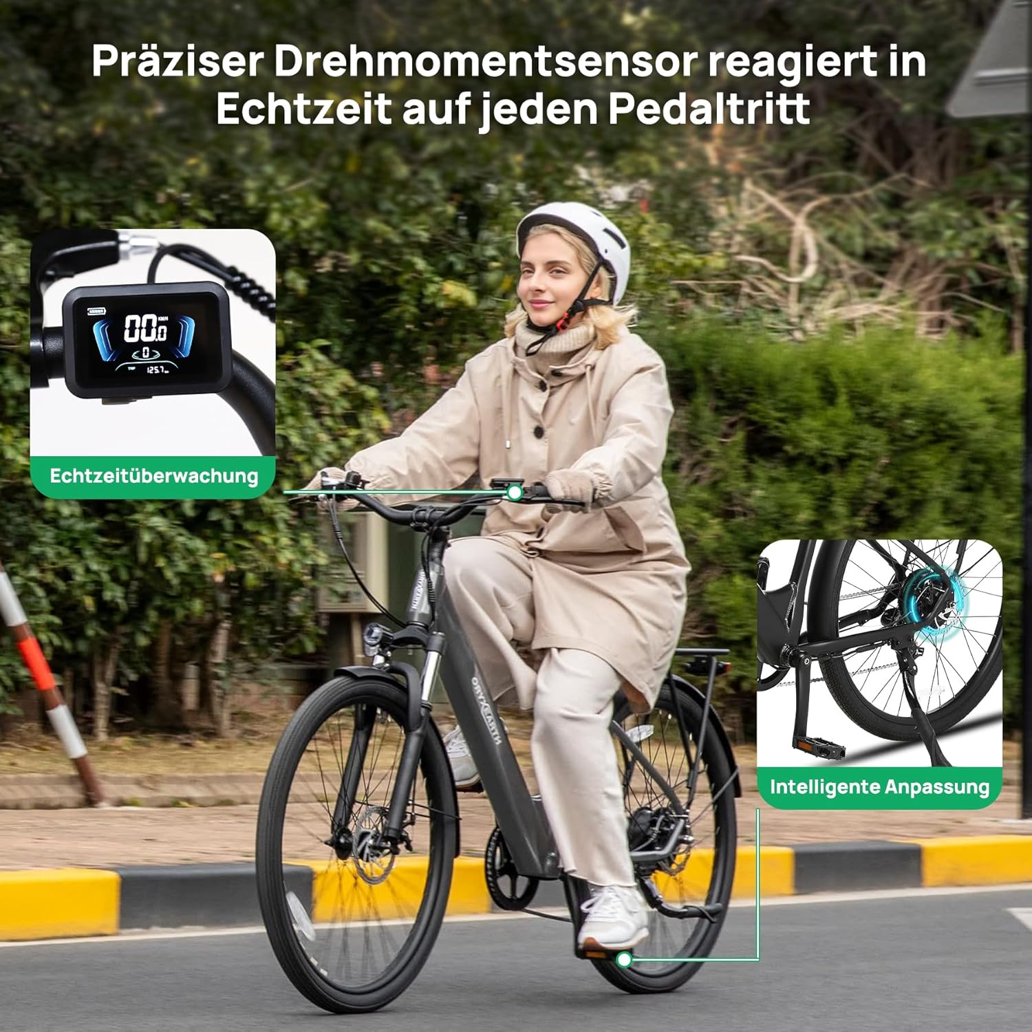 Frau fährt E-Bike mit Display und Heckmotor-Einblendung.