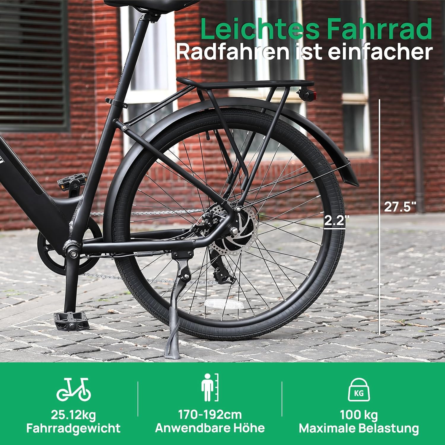 Schwarzes Fahrrad mit 27,5 Zoll Rädern, 25,12kg Gewicht, 170-192cm Höhe, 100kg max.