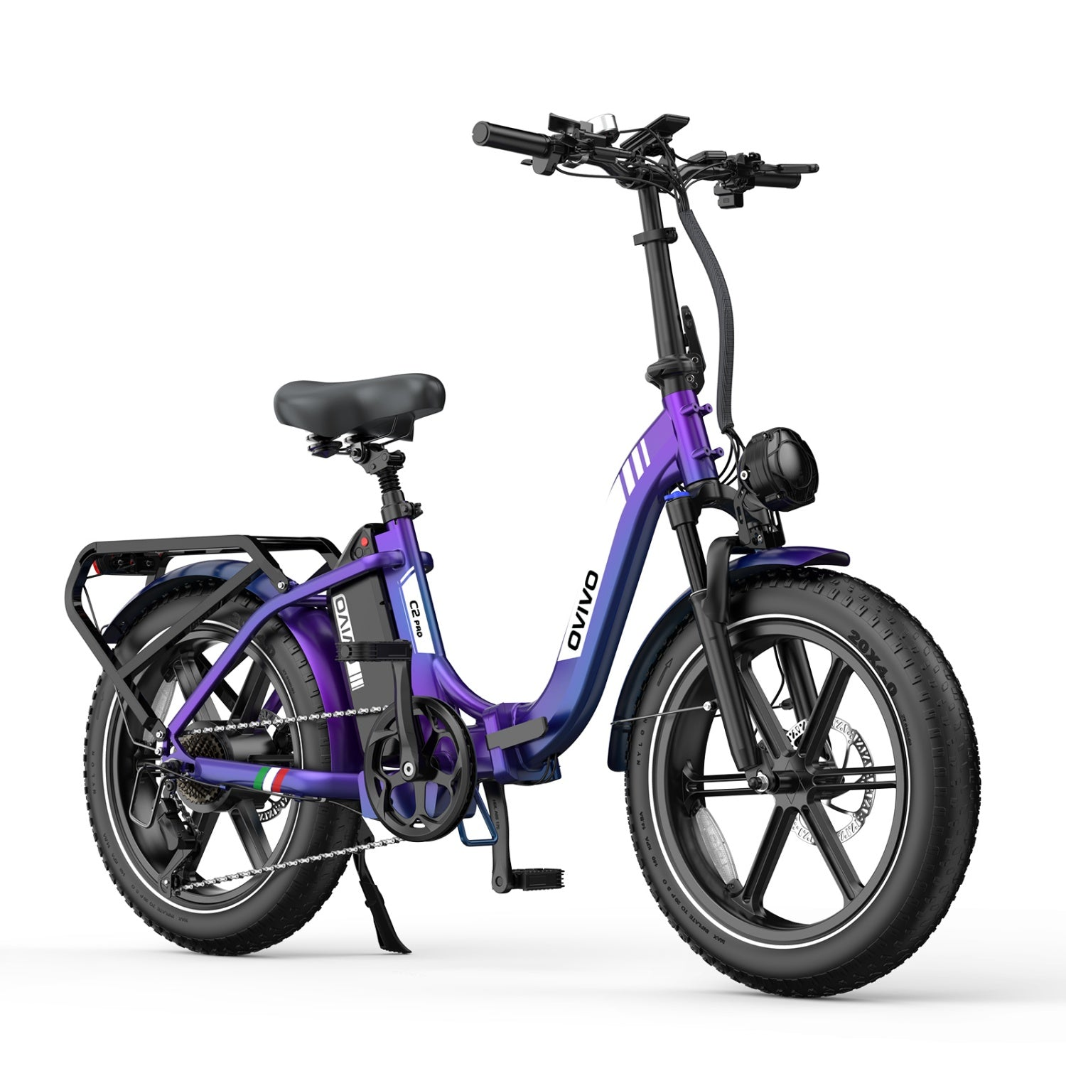 Bicicleta eléctrica plegable morada con portaequipajes trasero negro y ruedas anchas.