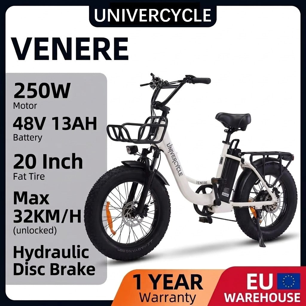 Bicicleta eléctrica blanca con neumáticos anchos de 20 pulgadas, cesta delantera, motor 250W.