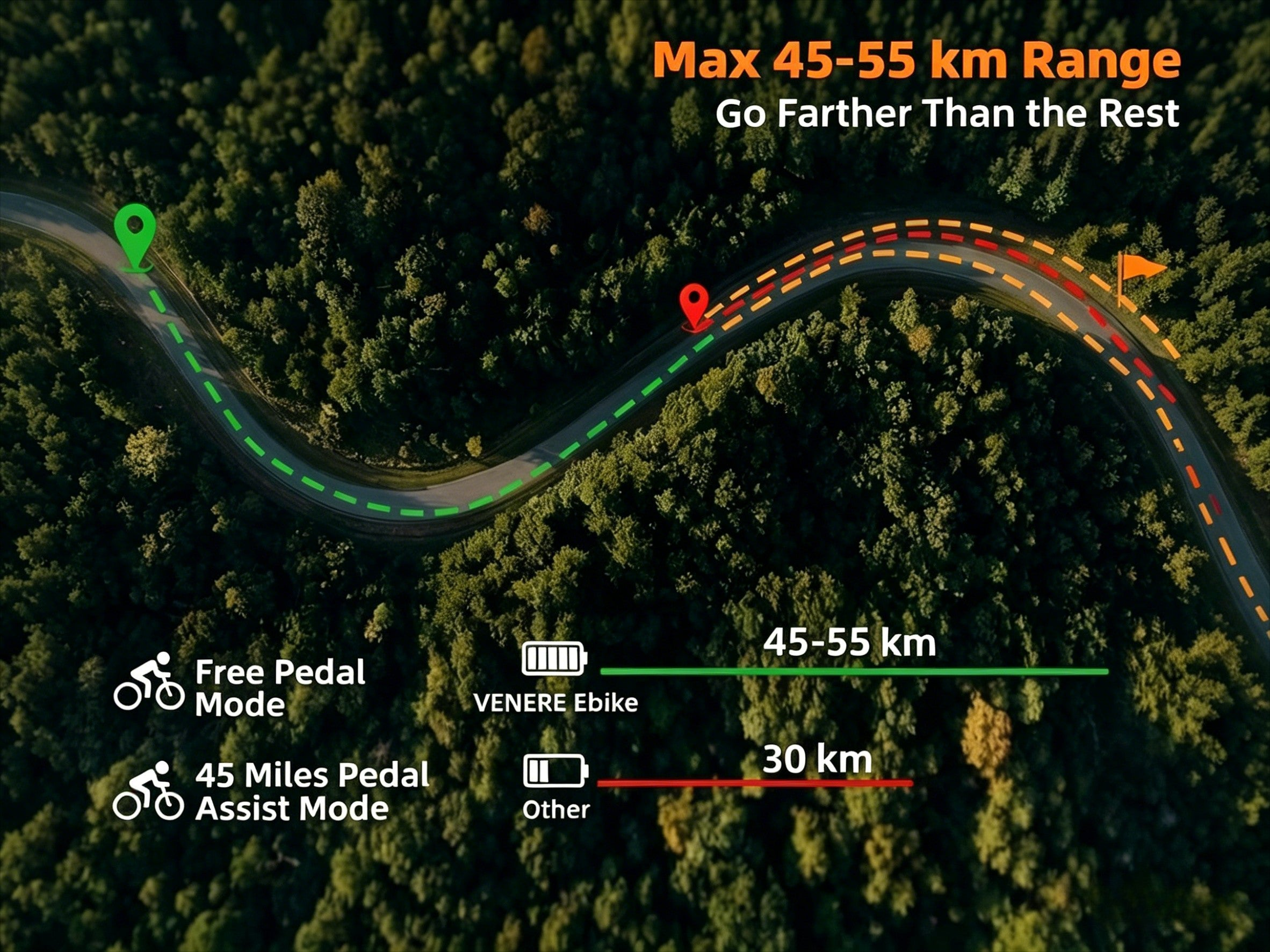 Vista aérea de una carretera sinuosa a través de un bosque con marcadores.