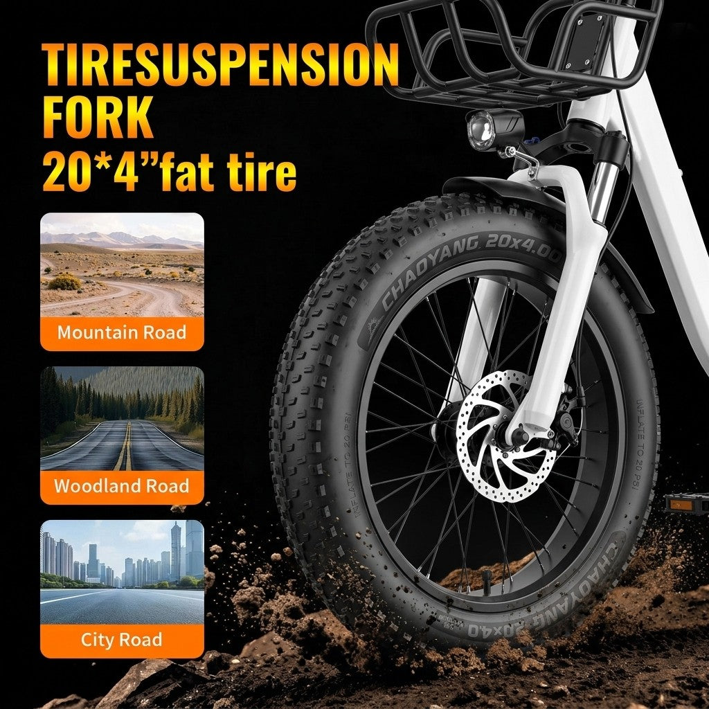 Primer plano de un neumático de fat bike con texto e imágenes de carreteras.