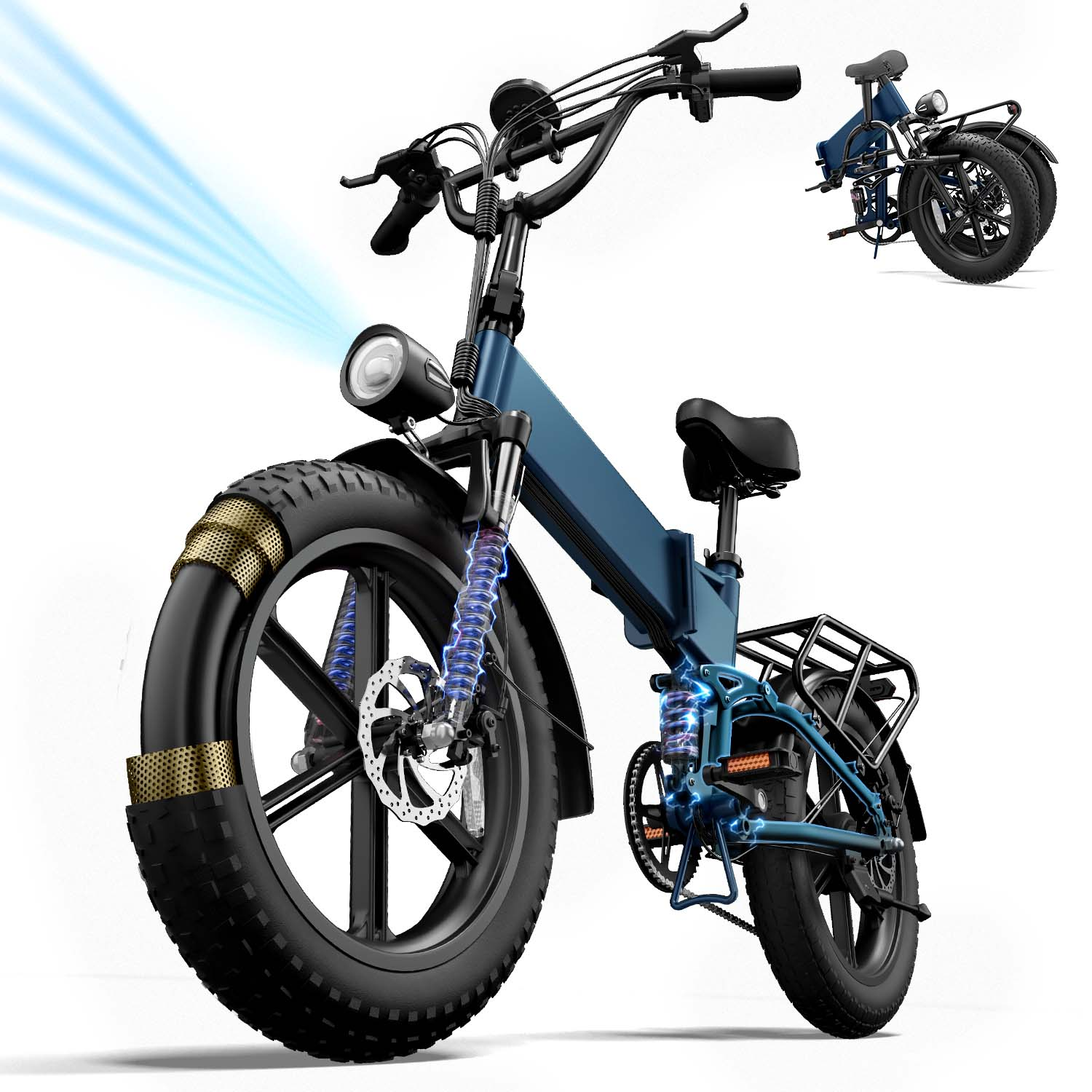 Una e-bike pieghevole blu con pneumatici larghi e sospensioni.
