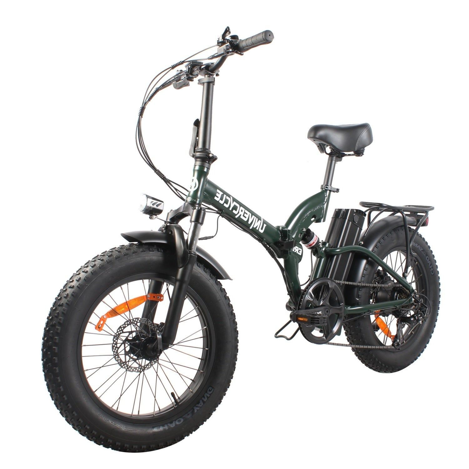 Una bicicleta eléctrica plegable de llantas anchas verde oscuro con detalles negros.